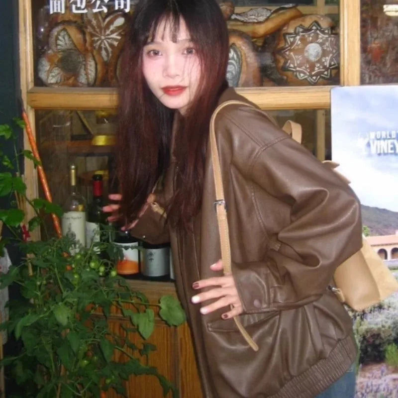 American Retro Solid Pu Jackets Women Autumn Sweet Cool Tops PU Baggy Cozy Turn-down Collar Zipper Fashion Stylish Temperament