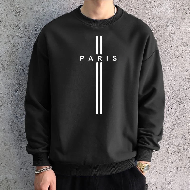 Men Oversized Dark Grey Graphic Sweatshirts Hoodied PARIS Printed Long Sleeve T-shirt Cotton Hiphop Tees Sports Top Men Clothing