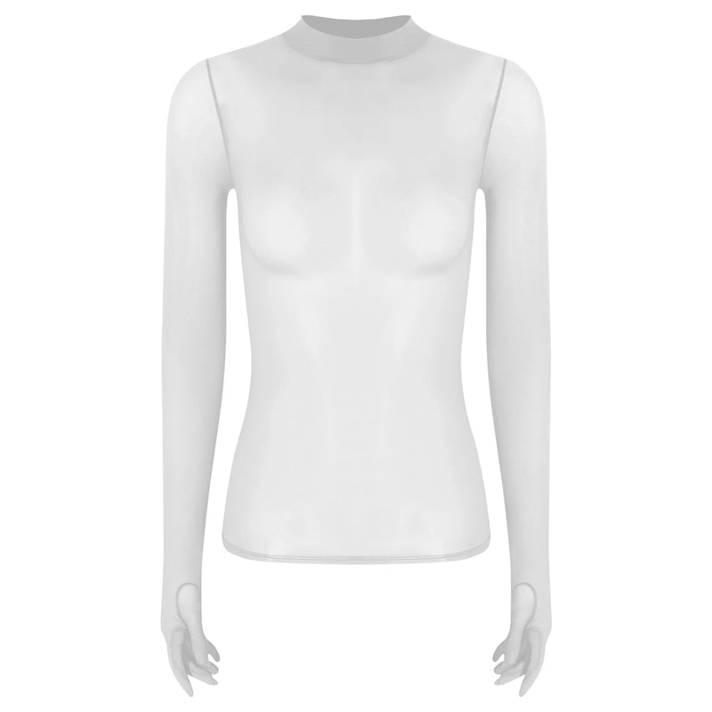 Adult Women Sheer Mesh Ultra Thin Crop Top Long Sleeve Mock Neck Translucent Gloved Tops for Base Shirt Lingerie Role Play Tops