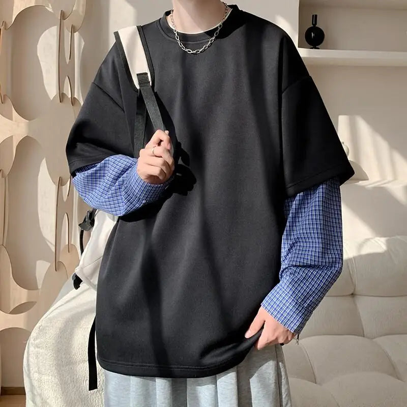 Fashion Oversized Solid Color Fake Two-Piece Hoodie with Checkered Sleeves Trendy Plus Size Pullover for Men and Women Autumn