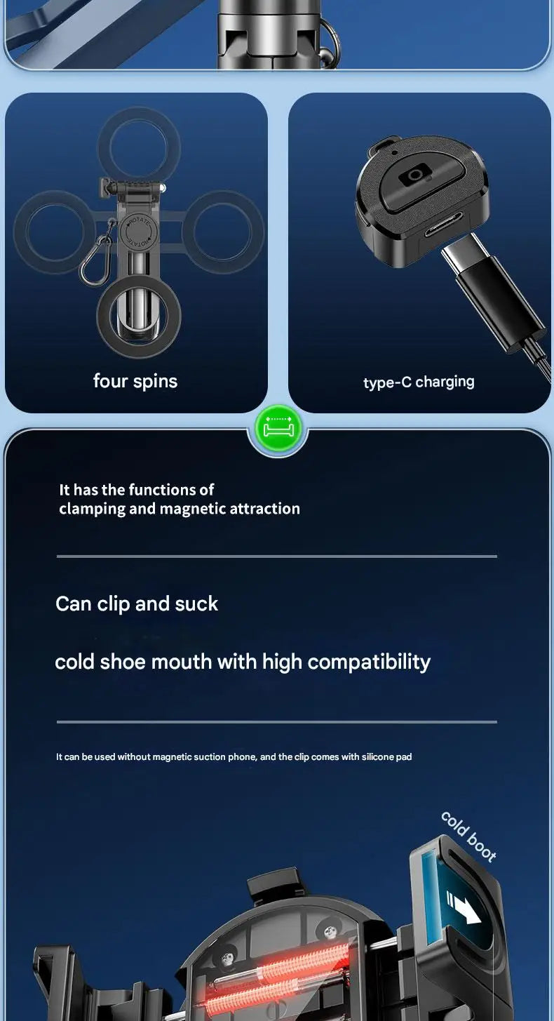 Upgraded Multi-Function Foldable Magnetic Phone Holder Selfie Stick with Remote Control – 360° DSLR-Style Rotation Tripod Stand