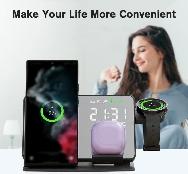 3 in 1 Wireless Charger For Samsung Galaxy Watch 6 5 Pro Fast Charging Station For Galaxy S24 S23 S22 Alarm Clock Chargers Stand