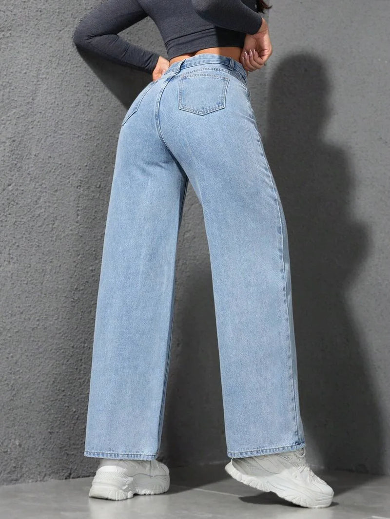 Retro Loose Wide Leg Jeans Fashion Women Solid Straight Wash High Elastic Waist Denim Pants Casual Streetwear Pocket Trousers
