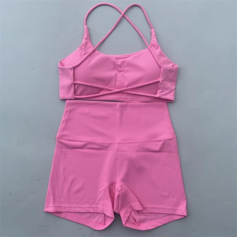 Yoga Shorts Set Gym Two Piece Sports Set Women Workout Outfit Fitness Suit Cross Straps Bra High Waist Shorts Running Tracksuit