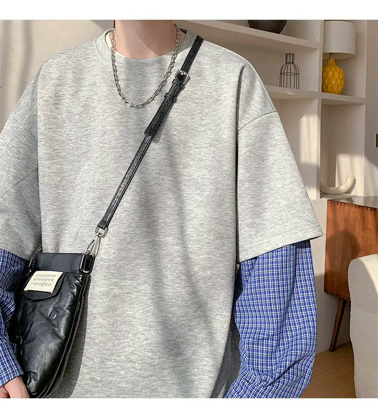 Fashion Oversized Solid Color Fake Two-Piece Hoodie with Checkered Sleeves Trendy Plus Size Pullover for Men and Women Autumn