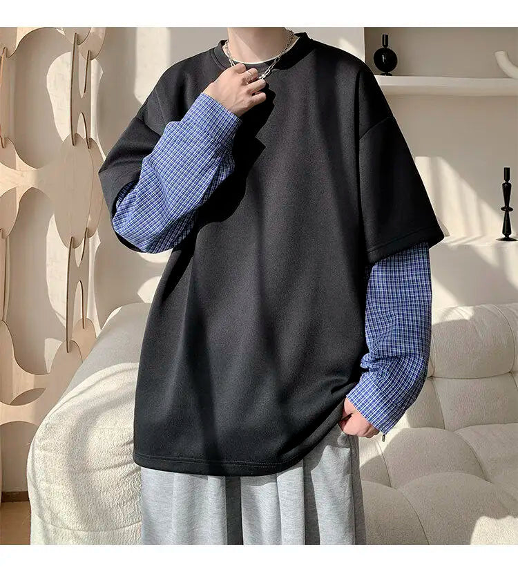 Fashion Oversized Solid Color Fake Two-Piece Hoodie with Checkered Sleeves Trendy Plus Size Pullover for Men and Women Autumn