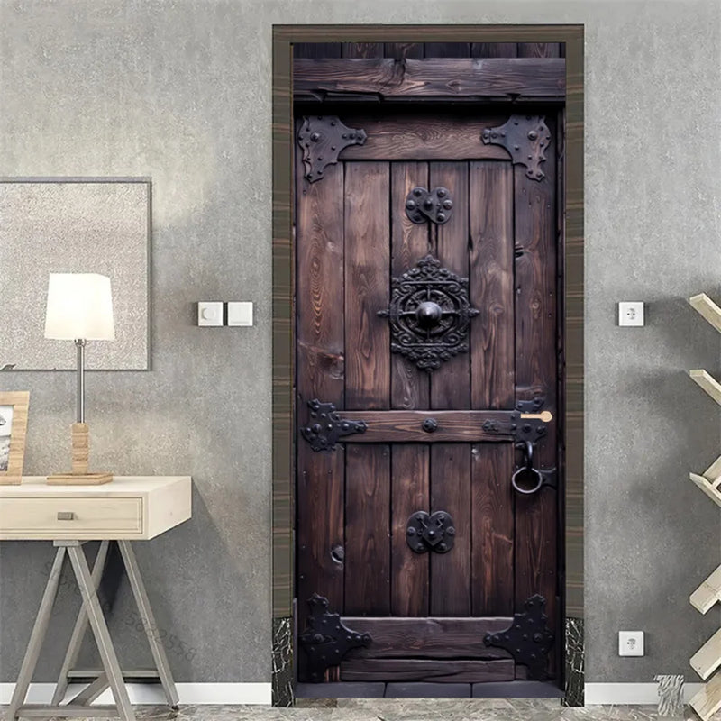 Wooden Door Mural Decal Sticker Peel and Stick Removable Self-Adhesive Brown Wood Grain Red Brick Door Wallpaper for Home Decor