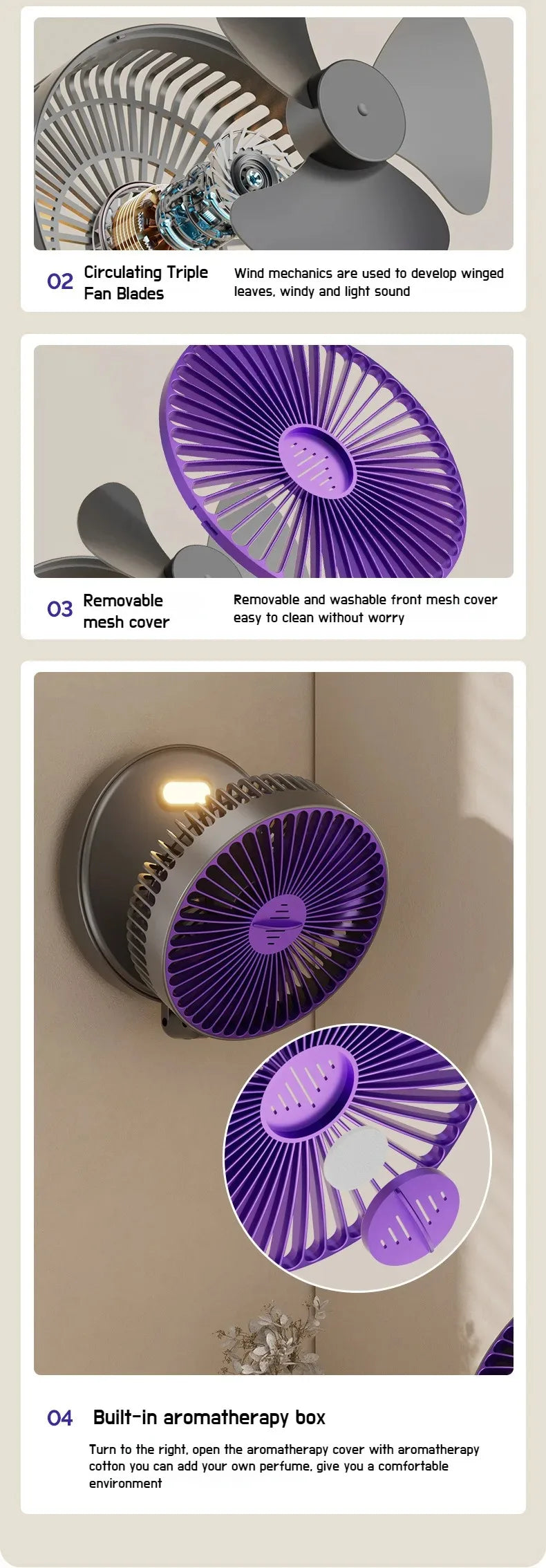 Foldable Desktop Fan Mini  Wall-Mounted Fan With Warm Night Light Rechargeable 4 Gears Adjustable Portable Air Circulation Fan