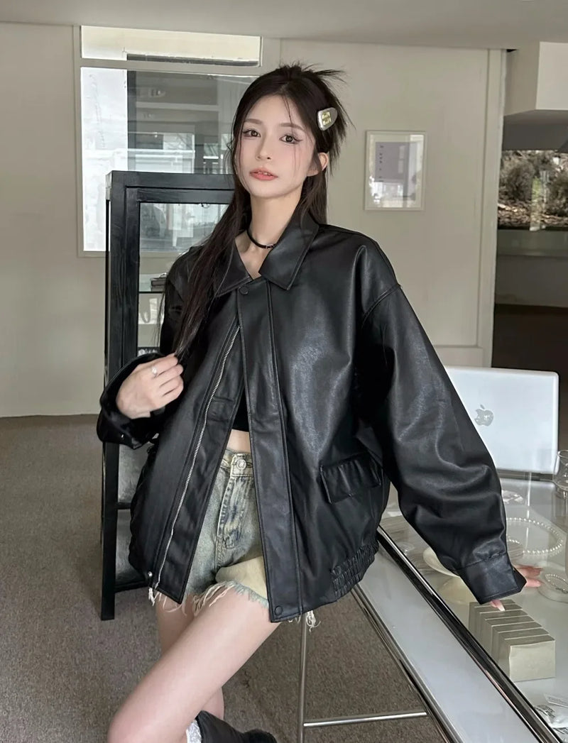 American Retro Solid Pu Jackets Women Autumn Sweet Cool Tops PU Baggy Cozy Turn-down Collar Zipper Fashion Stylish Temperament