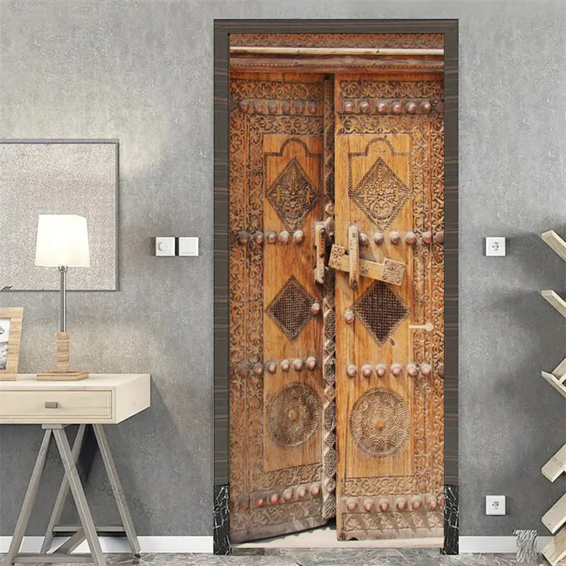 Wooden Door Mural Decal Sticker Peel and Stick Removable Self-Adhesive Brown Wood Grain Red Brick Door Wallpaper for Home Decor