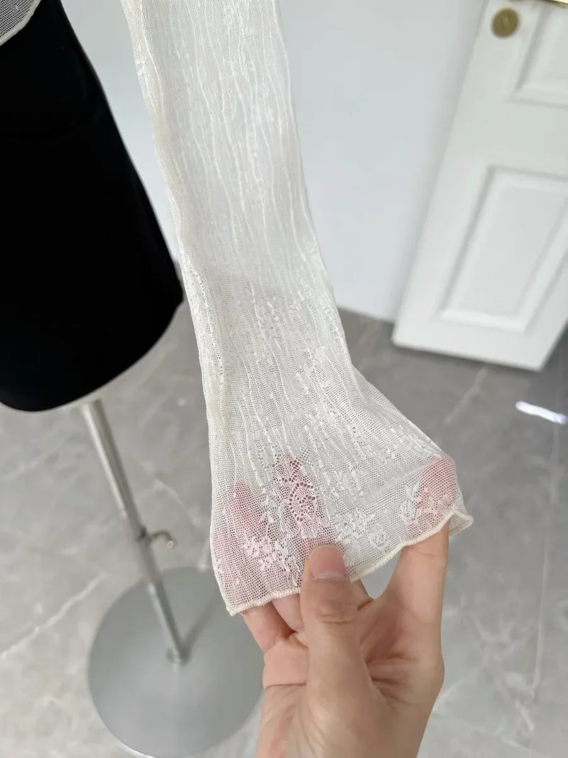 Coquette Aesthetic Mesh T Shirts Women Vintage V Neck Lace Bow Cropped Tops Y2k Sexy Slim Fit Long Sleeve Tee Shirts