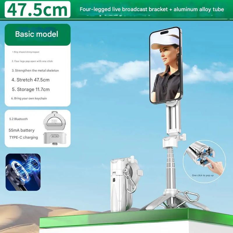 Upgraded Multi-Function Foldable Magnetic Phone Holder Selfie Stick with Remote Control – 360° DSLR-Style Rotation Tripod Stand