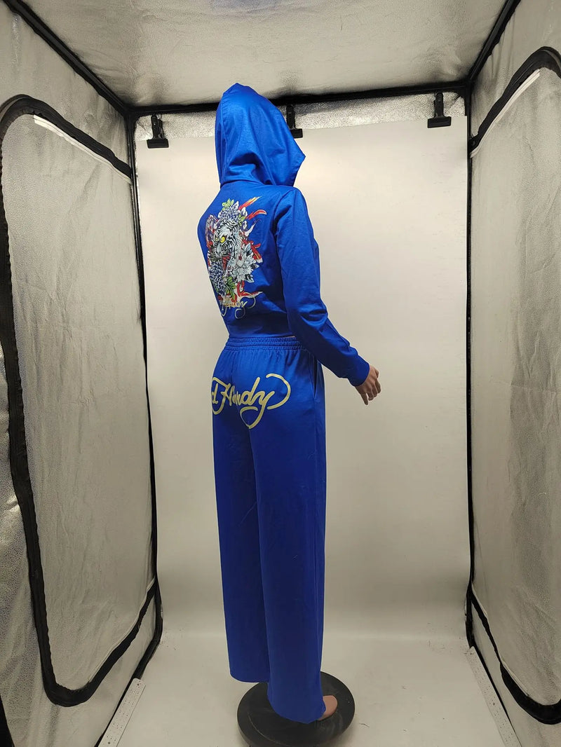 Y2k Zipper Tracksuit Women Black Print Hoodie Sweatpant Winter Blue Bodycon 2 Two Piece Outfits Pants Matching Sets Sweatshirt