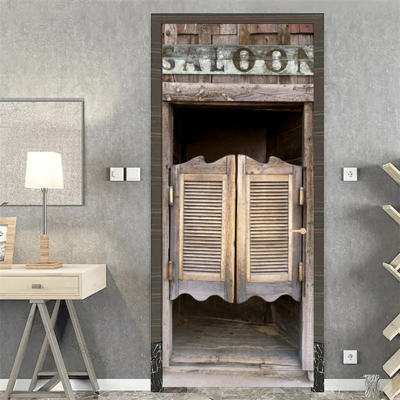 Wooden Door Mural Decal Sticker Peel and Stick Removable Self-Adhesive Brown Wood Grain Red Brick Door Wallpaper for Home Decor