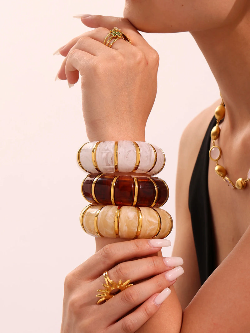 Chunky Ethnic Women Bracelets For Women No Fade Resin Stainless Steel Elastic Rope Handcraft Bangle Luxury Jewelry