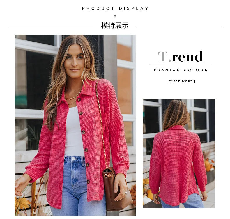 Women’s Oversized Button-Down Blouse – Casual Boho Long Sleeve Shirt with Turn-Down Collar