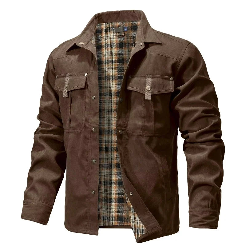 Men’s Flannel-Lined Shirt Jacket – Casual Snap Button Overshirt for Spring & Autumn