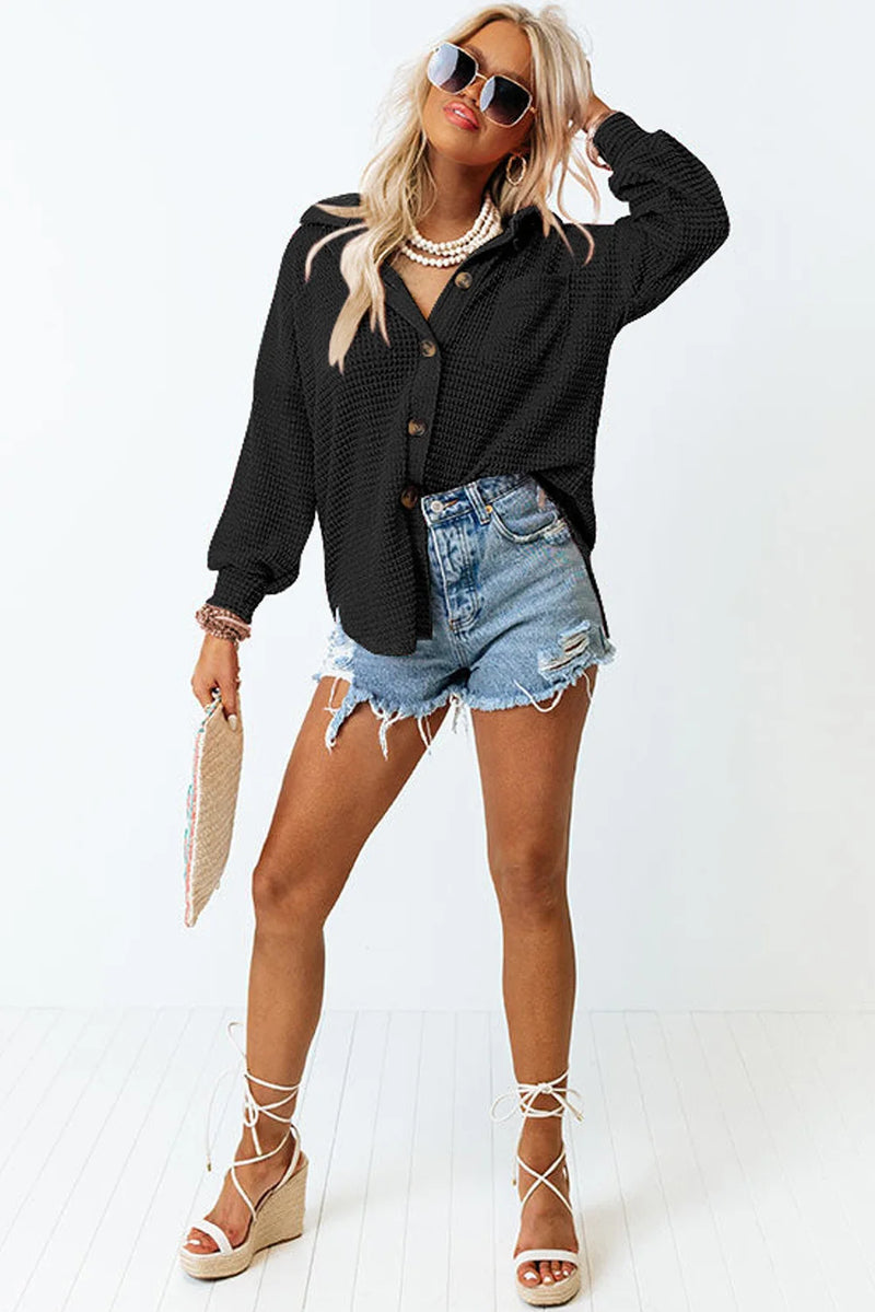 Women’s Oversized Button-Down Blouse – Casual Boho Long Sleeve Shirt with Turn-Down Collar