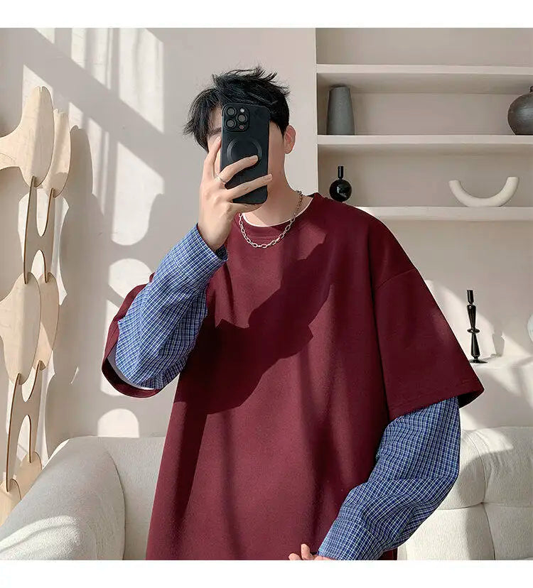 Fashion Oversized Solid Color Fake Two-Piece Hoodie with Checkered Sleeves Trendy Plus Size Pullover for Men and Women Autumn