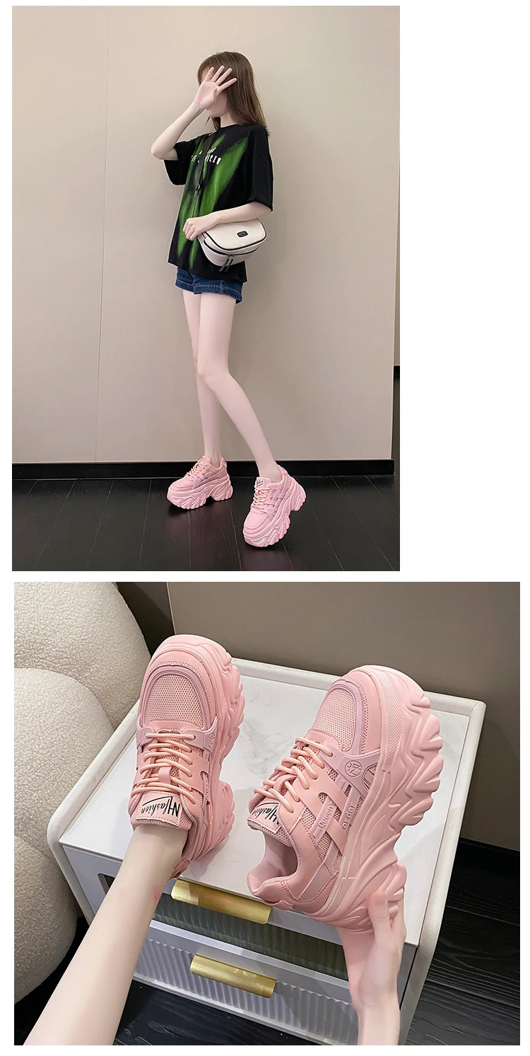 White Chunky Sneakers Women New 2025 Autumn Hidden Heel Platform Sports Dad Shoes Woman Lace Up Breathable Mesh Casual Shoes 8CM