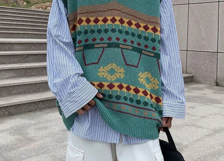 Tatiana Haven Men’s Printed Knit Sweater Vest – V-Neck Casual Korean-Style Fashion Waistcoat for Autumn & Winter