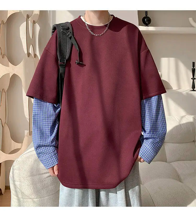 Fashion Oversized Solid Color Fake Two-Piece Hoodie with Checkered Sleeves Trendy Plus Size Pullover for Men and Women Autumn