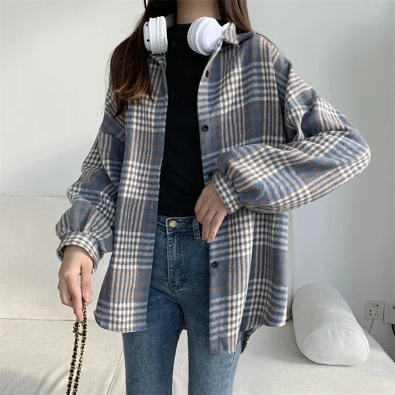 Women’s Oversized Flannel Plaid Shirt – Long Sleeve Button-Down Check Shacket for Autumn & Winter