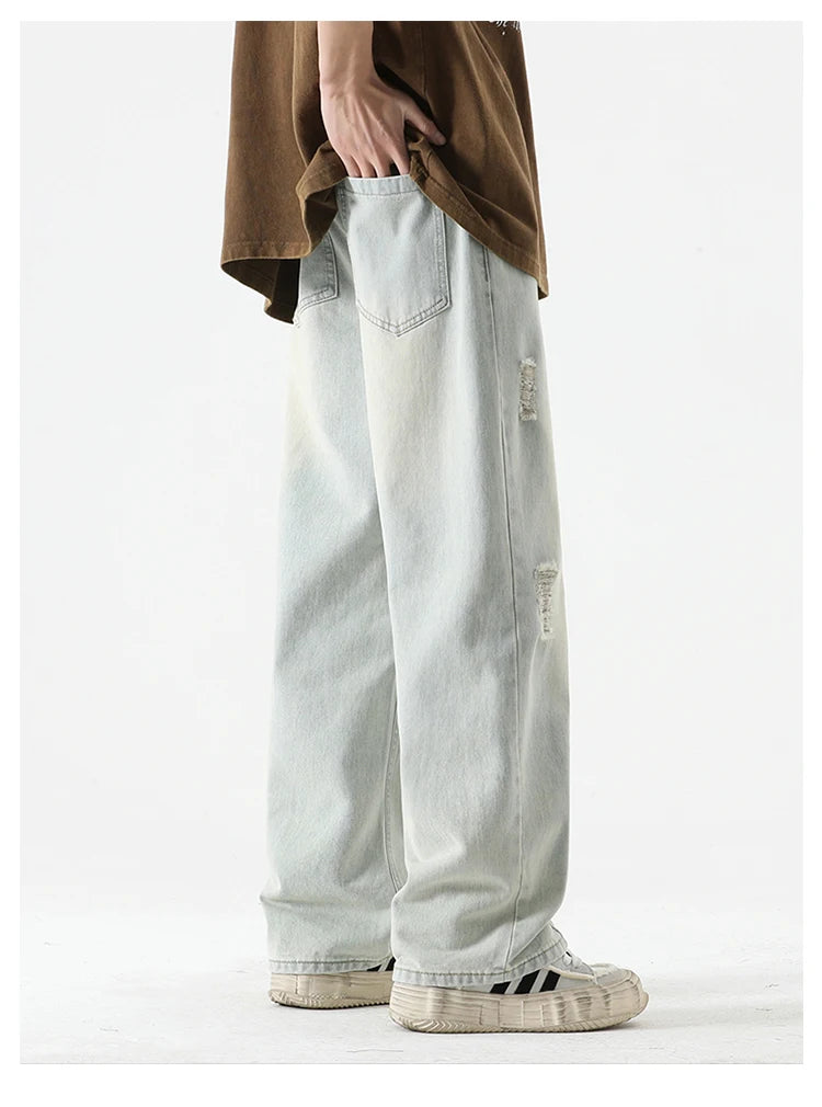 Men’s Summer Loose Ripped Jeans – Retro Straight-Leg Denim Pants with Drawstring Waist, Casual Streetwear Style