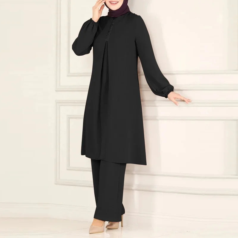 Casual Muslim Dress for Women Blouse 2 Piece Set Long Sleeve Shirt Wide Leg Pant Suits Saudi Arabic Dubai Dresses Autumn 2023