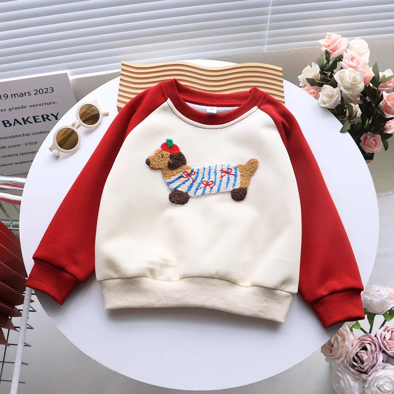 Funny Red Sweatshirts for The Whole Family Matching Clothes Father Mother and Son Daughter Cute Dog Print Tops Newborn Bodysuit