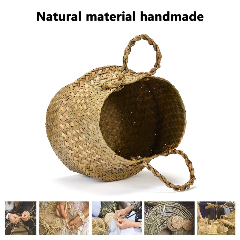 Woven Storage Basket Natural Seagrass Handmade Folding Clthoes Laundry Basket Straw Wicker Rattan Storage Flower Pot Beach Bag