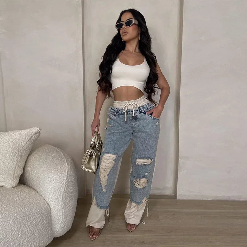 Retro denim ripped spliced jeans women&