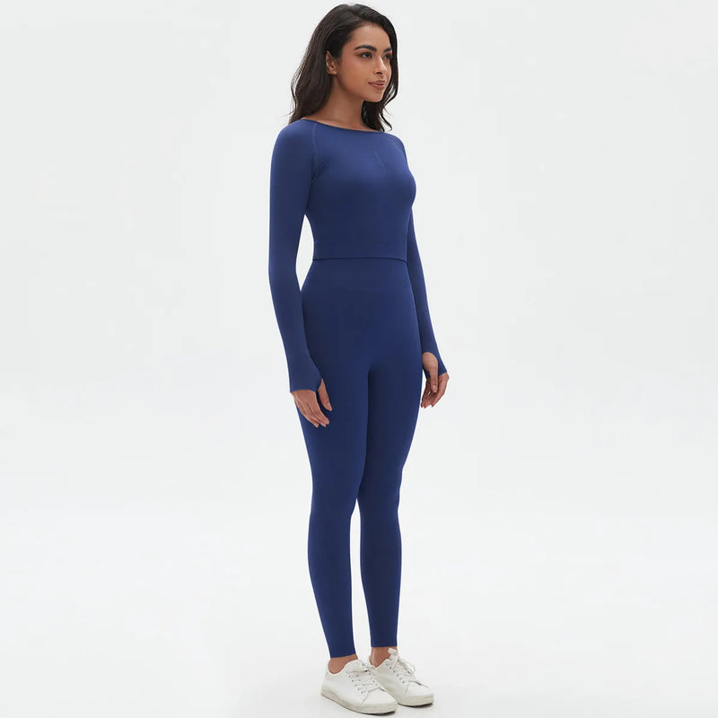 Seamless Two Piece Sets Womens Outifits Long Sleeve Gym Fitess Sport Set Yoga Leggings Matching Sets Exercise Tracksuits Female