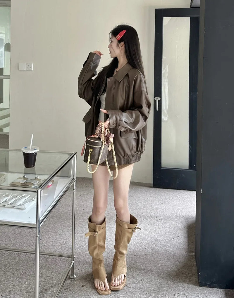 American Retro Solid Pu Jackets Women Autumn Sweet Cool Tops PU Baggy Cozy Turn-down Collar Zipper Fashion Stylish Temperament