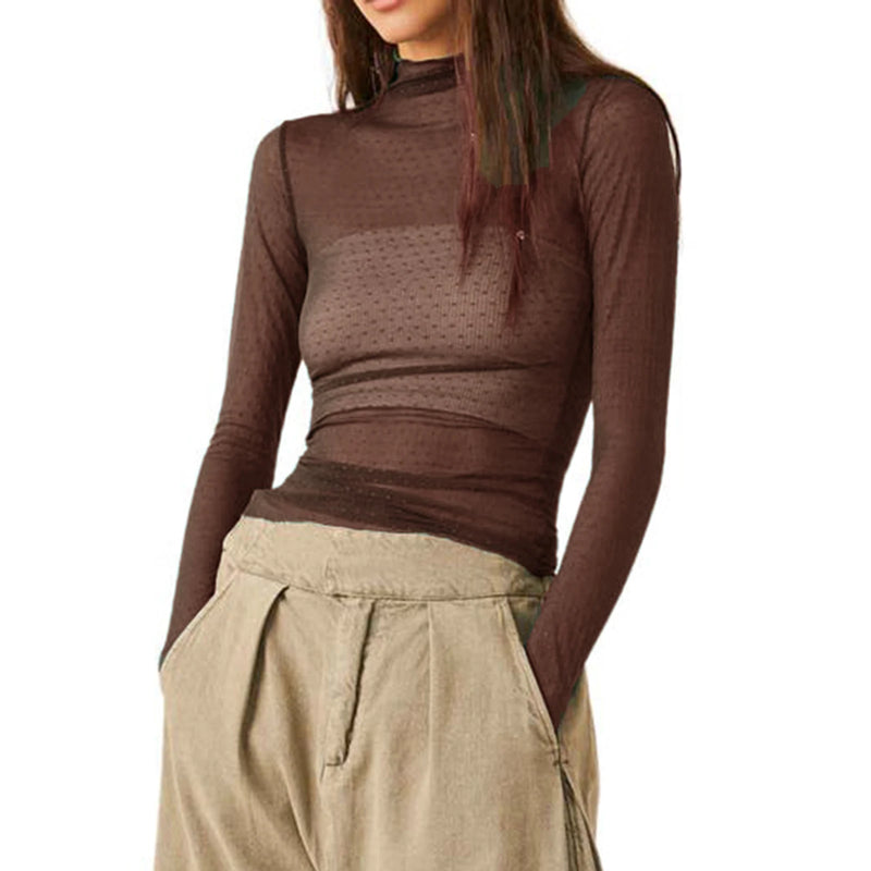 Women Sheer Mesh T-Shirts Mock Neck Long Sleeve Crop Tops Retro See Through Shirt Fairycore Grunge Tees