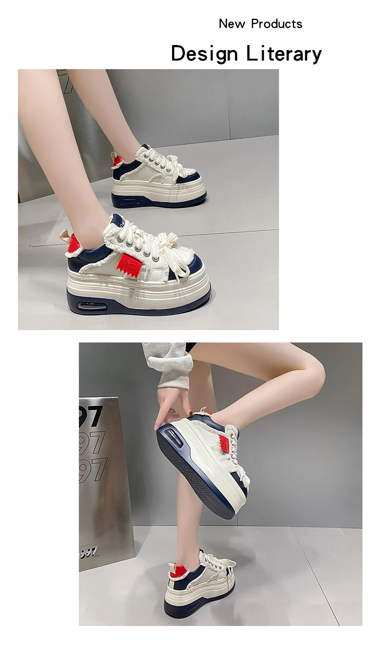 Fashion Chunky Sneakers Women Autumn Lace Up Platform Sports Shoes 8CM Thick Bottom High Heels Female Leather Sneakers Woman