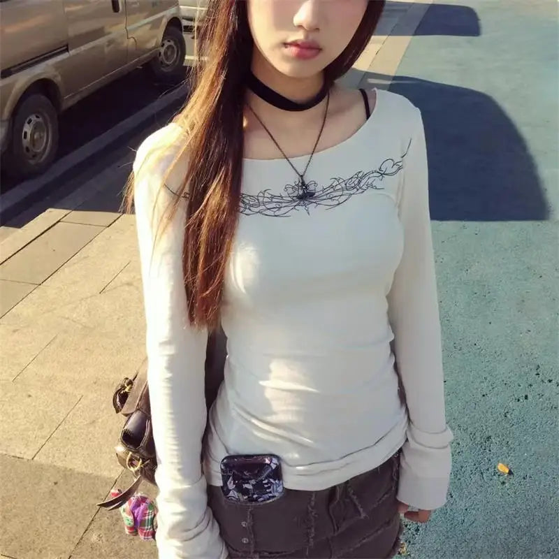 Y2k Gothic Print T-shirt Trashy 2000s Style Long Sleeve Tops Vintage Harajuku Streetwear American Retro T-shirts