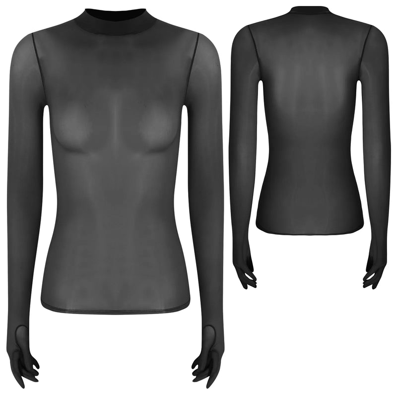 Adult Women Sheer Mesh Ultra Thin Crop Top Long Sleeve Mock Neck Translucent Gloved Tops for Base Shirt Lingerie Role Play Tops
