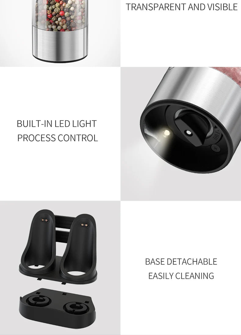 Electric Salt and Pepper Grinder Set with USB Charging Base Large Capacity Adjustable Coarseness Stainless Steel Automatic Mills