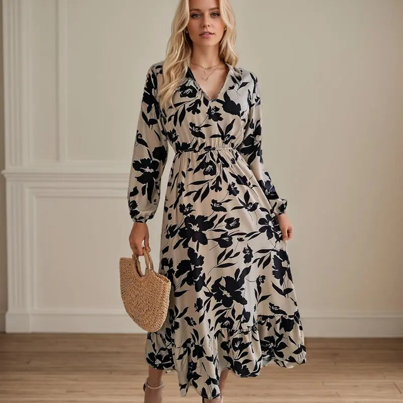 Casual Flower Waist Dress For Women Elegant V Neck Floral Print Long Sleeves High Tight Waist A-line Flowy Ruffle Hem Midi Dress