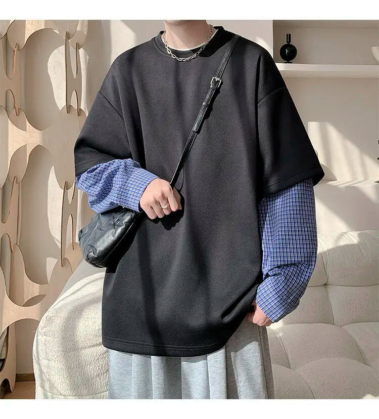 Fashion Oversized Solid Color Fake Two-Piece Hoodie with Checkered Sleeves Trendy Plus Size Pullover for Men and Women Autumn