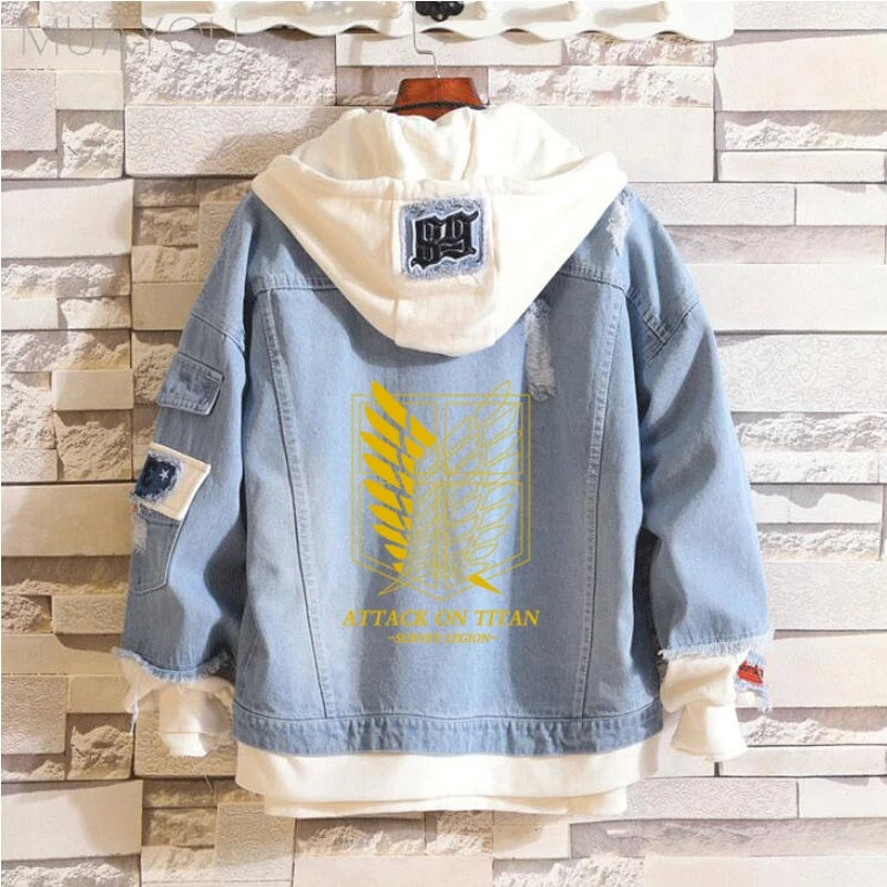 ATTACK ON TITAN Men Denim Jacket Fake two cowboy Hooded Coat Anime Eren Jaeger Levi Titans Men&