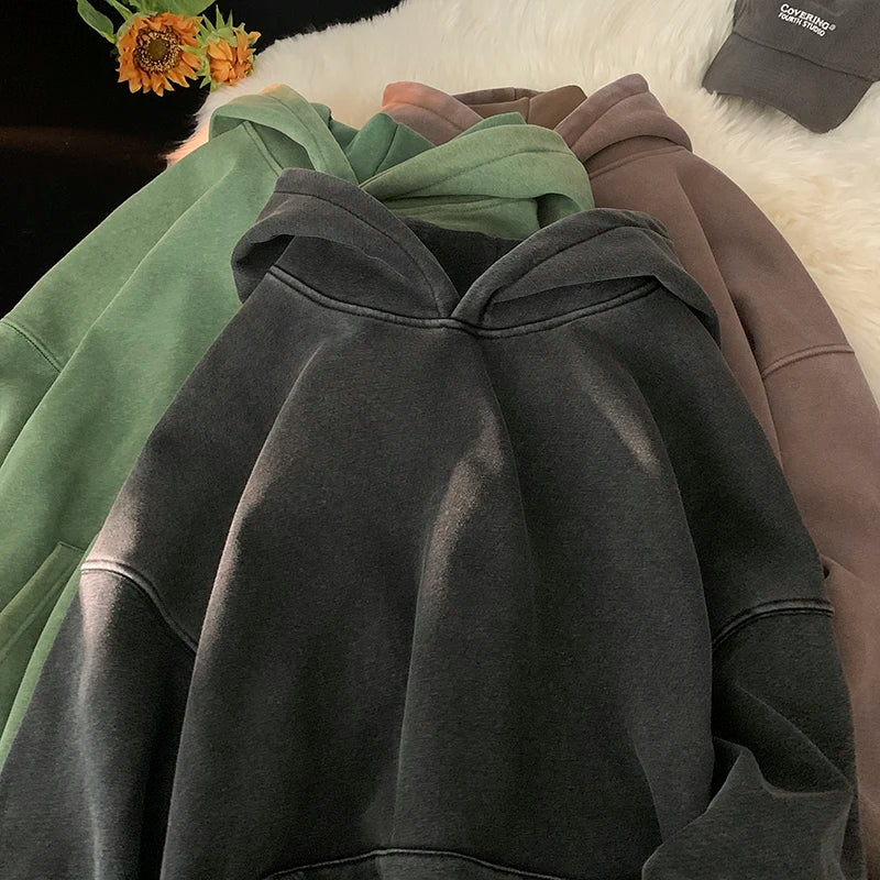 Men’s Vintage Washed Hoodie – Loose Fit Streetwear Pullover for Casual Harajuku Style