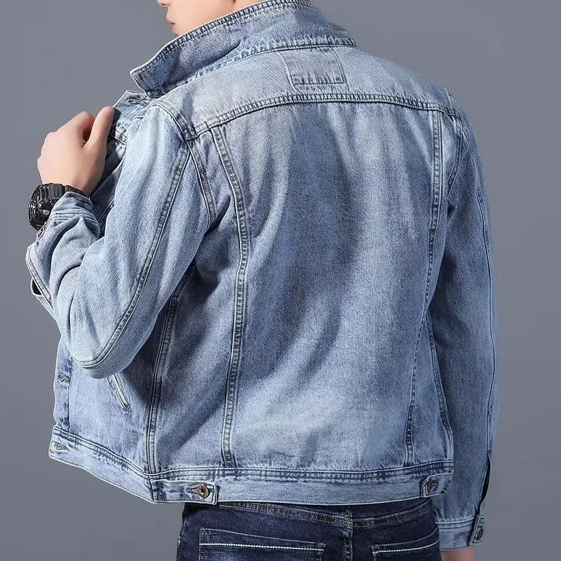 Men’s Retro Workwear Denim Jacket – Minimalist European Street Style Casual Zip-Up Coat
