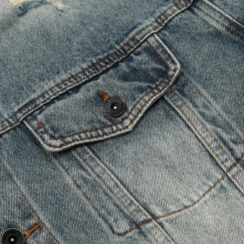 European American High Street Trend Kanye West Denim Jacket Heavyweight Washed Do Old Pleated Ripped Denim Outerwear