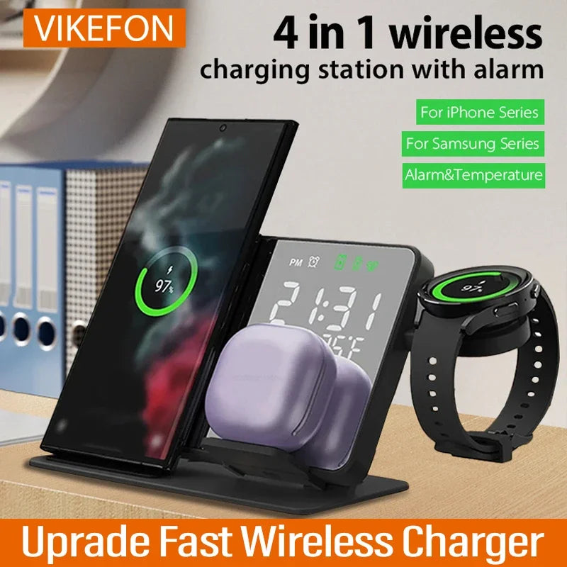 3 in 1 Wireless Charger For Samsung Galaxy Watch 6 5 Pro Fast Charging Station For Galaxy S24 S23 S22 Alarm Clock Chargers Stand