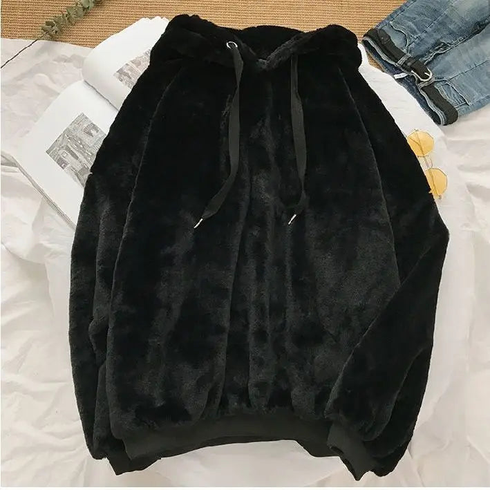 Loose Hoodies Woman Sweatshirt Casual Flannel Solid Pullover Autumn Winter Coat Y2k Fleece-lined Thicken Hooded Warm Soft Jacket