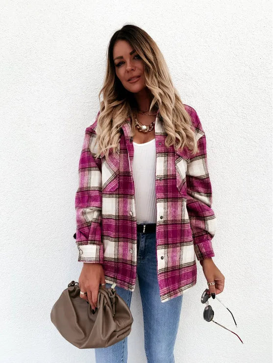 Women’s Retro Plaid Shacket – Oversized Flannel Shirt Jacket with Pockets for Autumn & Winter