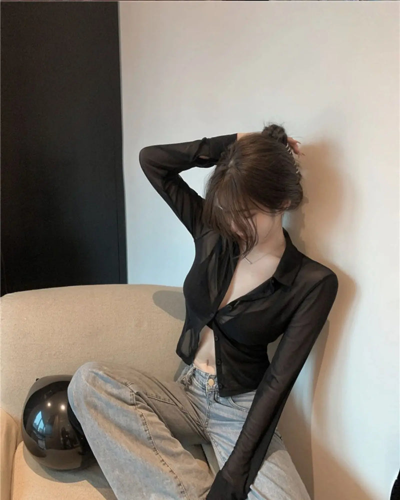 Mesh Sheer Shirts Women Long Sleeve Sunscreen Crop Tops Sexy Summer Thin Breathable Skinny Fashion Ins Streetwear Ladies Chic