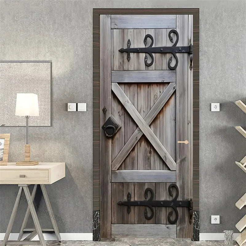 Wooden Door Mural Decal Sticker Peel and Stick Removable Self-Adhesive Brown Wood Grain Red Brick Door Wallpaper for Home Decor